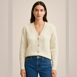 New Talbots women's cream cable knit button down cardigan S/M wool/alpaca blend